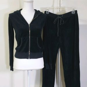 Velour Set Zip Up Hoodie with Pants, Black